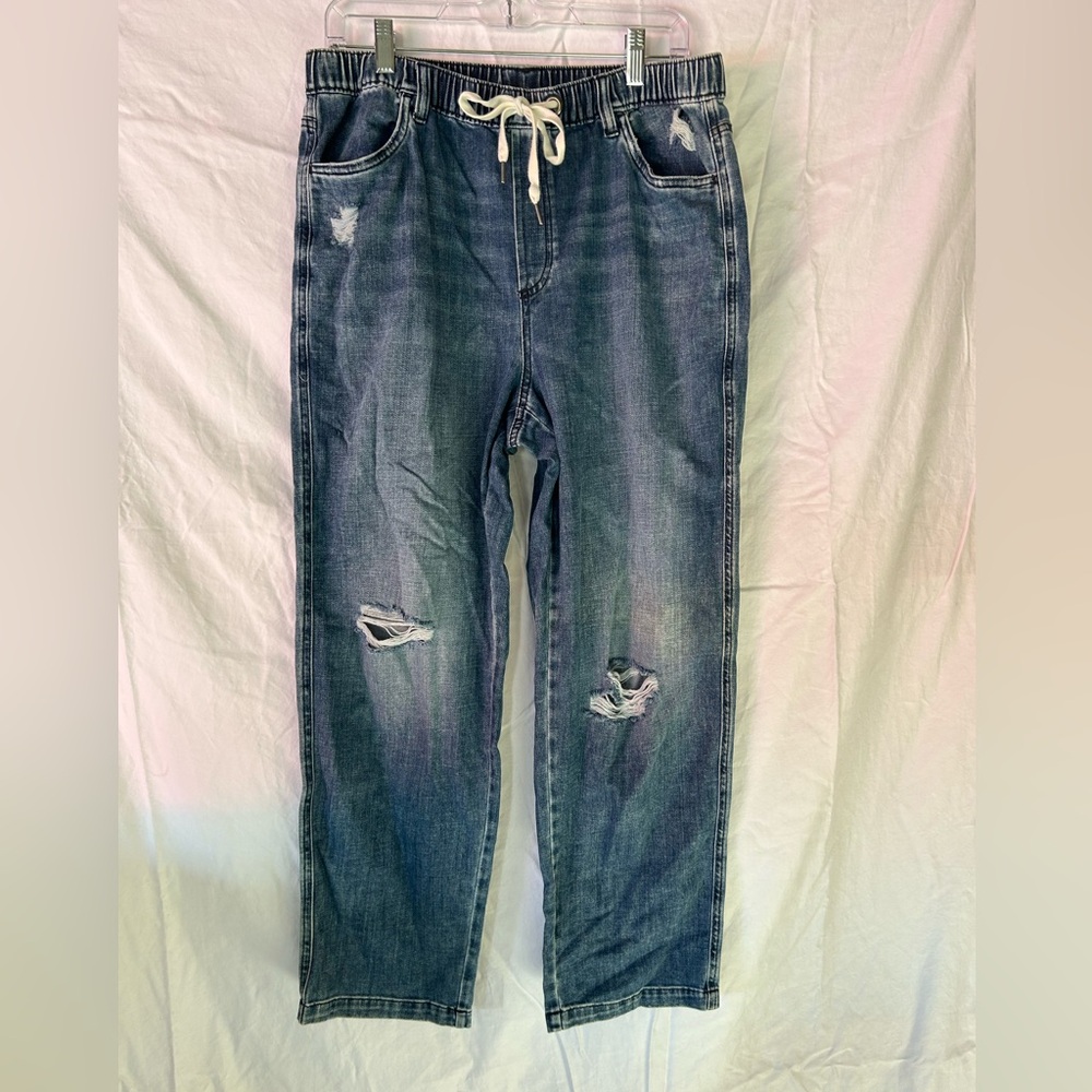 aerie Women's Distressed Drawstring Denim Jogger Jeans - Dark Blue